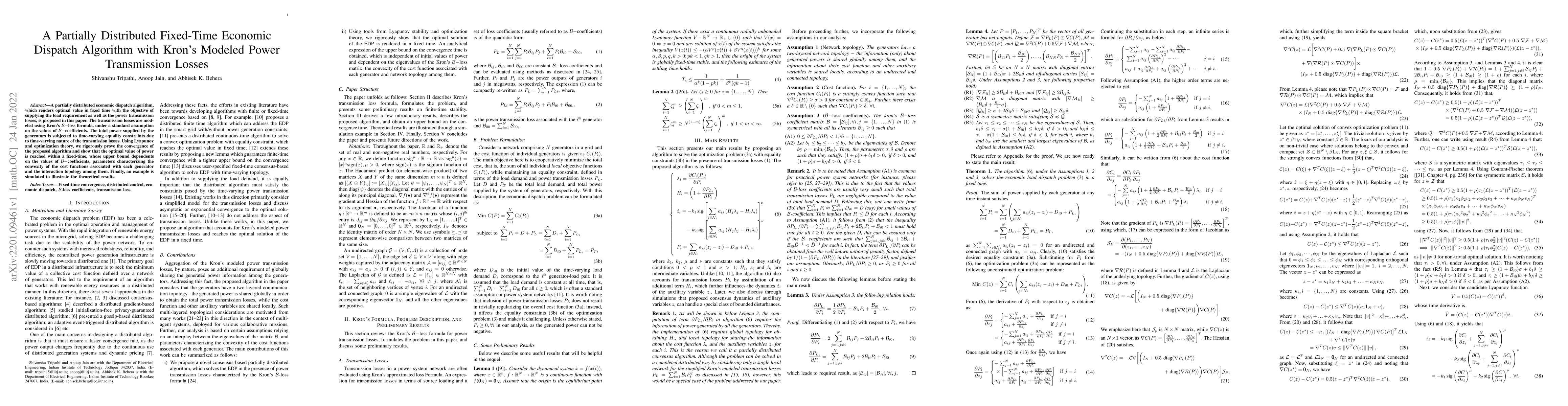 Thumbnail for A Partially Distributed Fixed-Time Economic Dispatch Algorithm with
  Kron's Modeled Power Transmission Losses