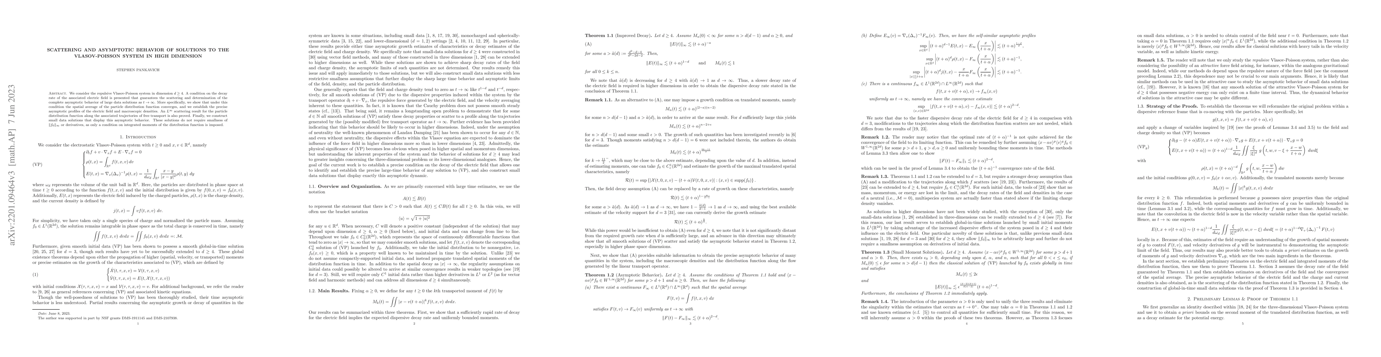 Thumbnail for Scattering and Asymptotic Behavior of Solutions to the Vlasov-Poisson
  System in High Dimension