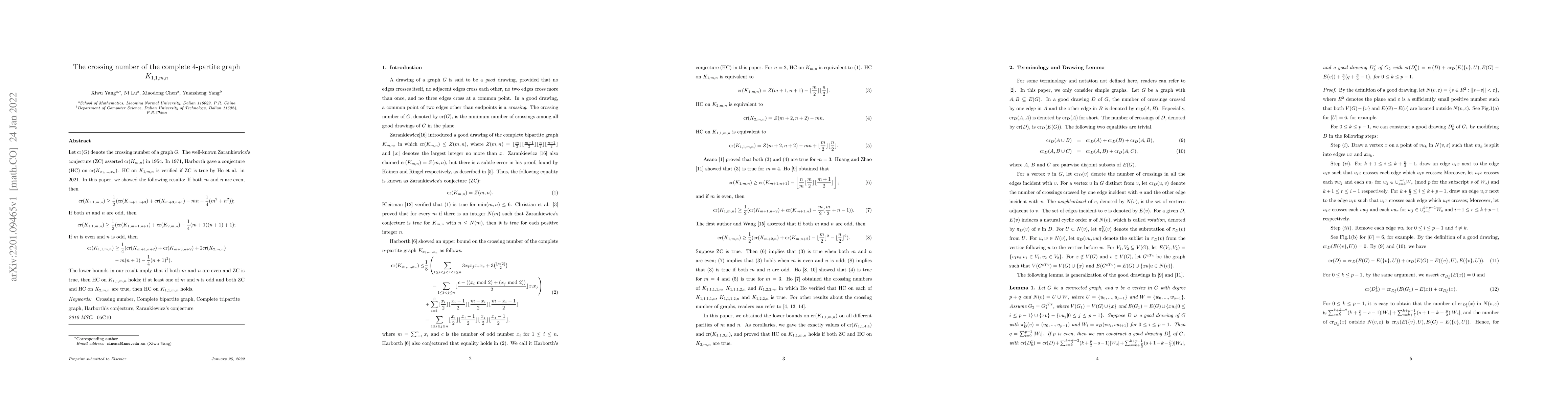 Thumbnail for The crossing number of the complete 4-partite graph $K_{1,1,m,n}$