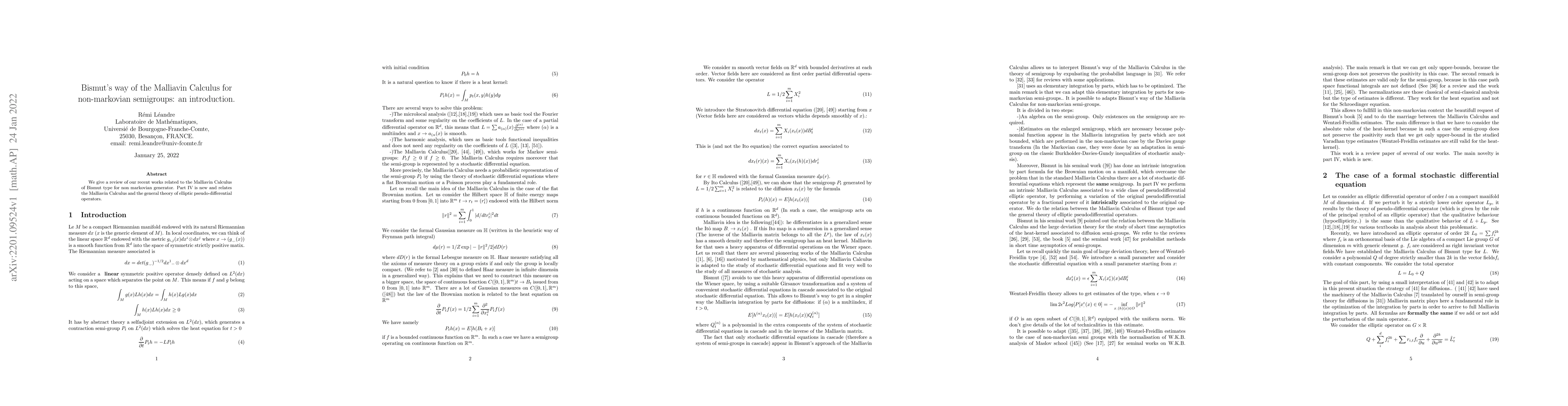 Thumbnail for Bismut's Way of the Malliavin Calculus for Non-Markovian Semi-groups: An
  introduction