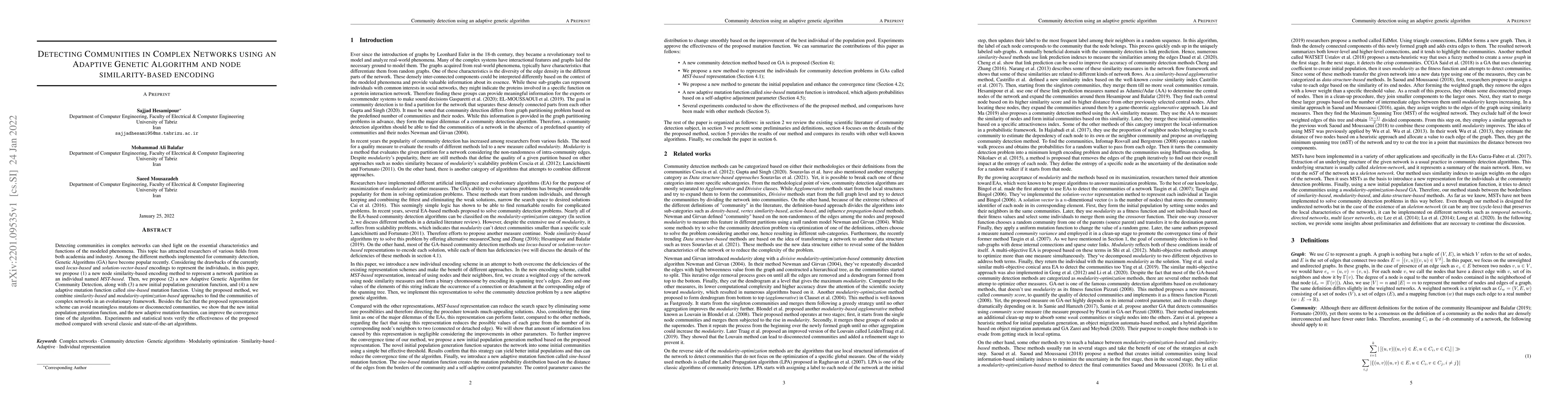 Thumbnail for Detecting Communities in Complex Networks using an Adaptive Genetic
  Algorithm and node similarity-based encoding