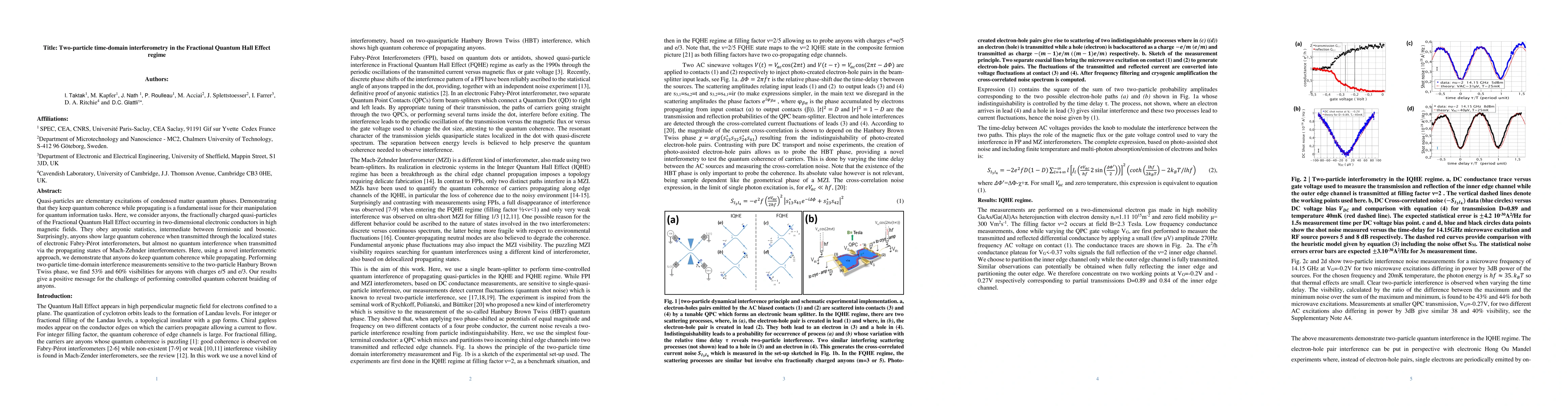 Thumbnail for Two-particle time-domain interferometry in the Fractional Quantum Hall
  Effect regime