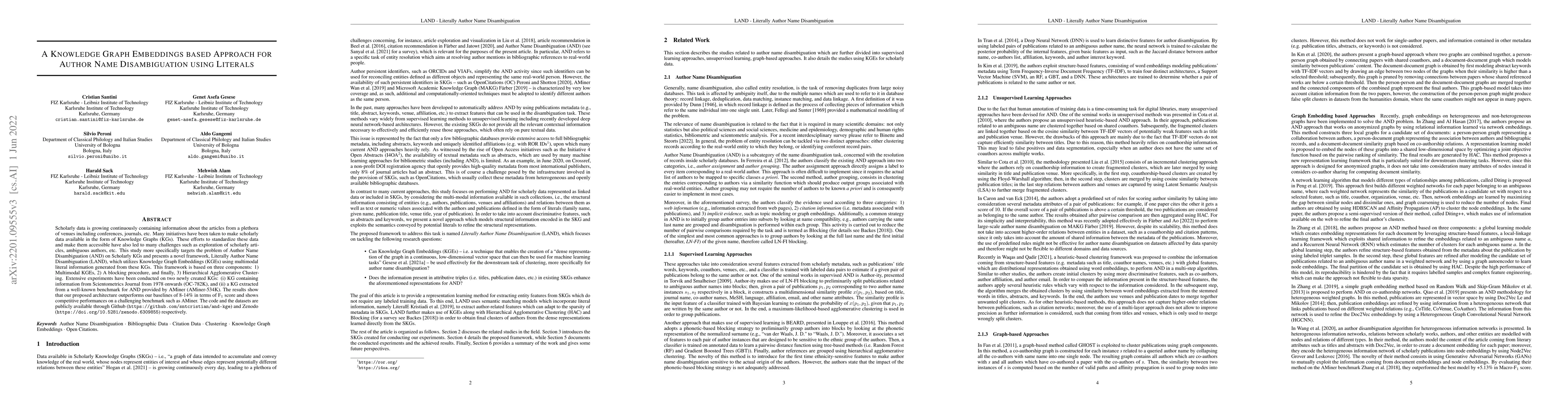 Thumbnail for A Knowledge Graph Embeddings based Approach for Author Name
  Disambiguation using Literals