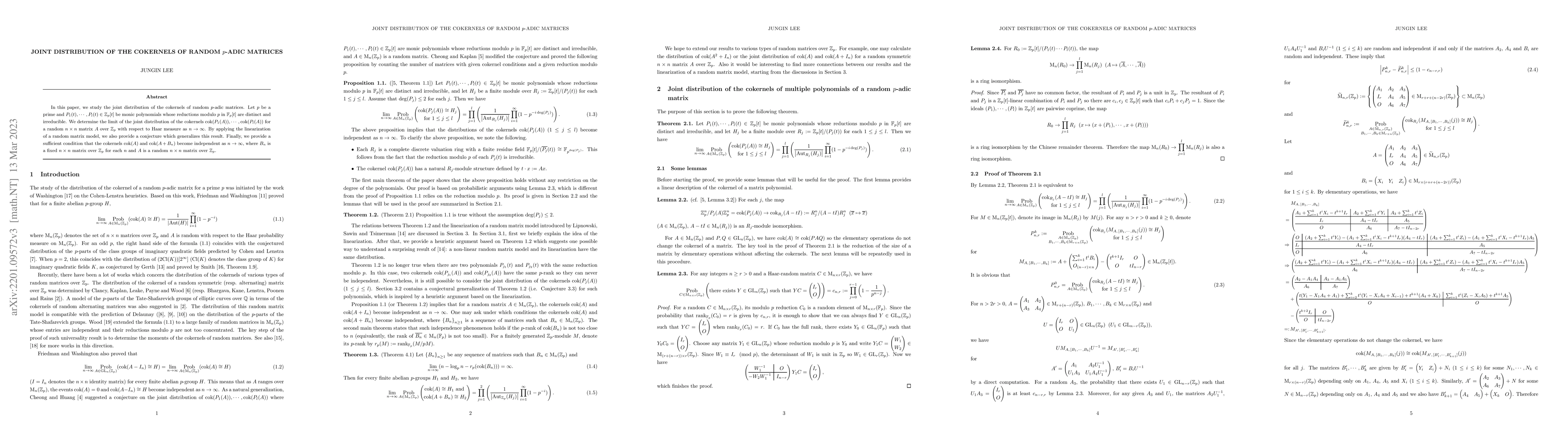 Thumbnail for Joint distribution of the cokernels of random $p$-adic matrices