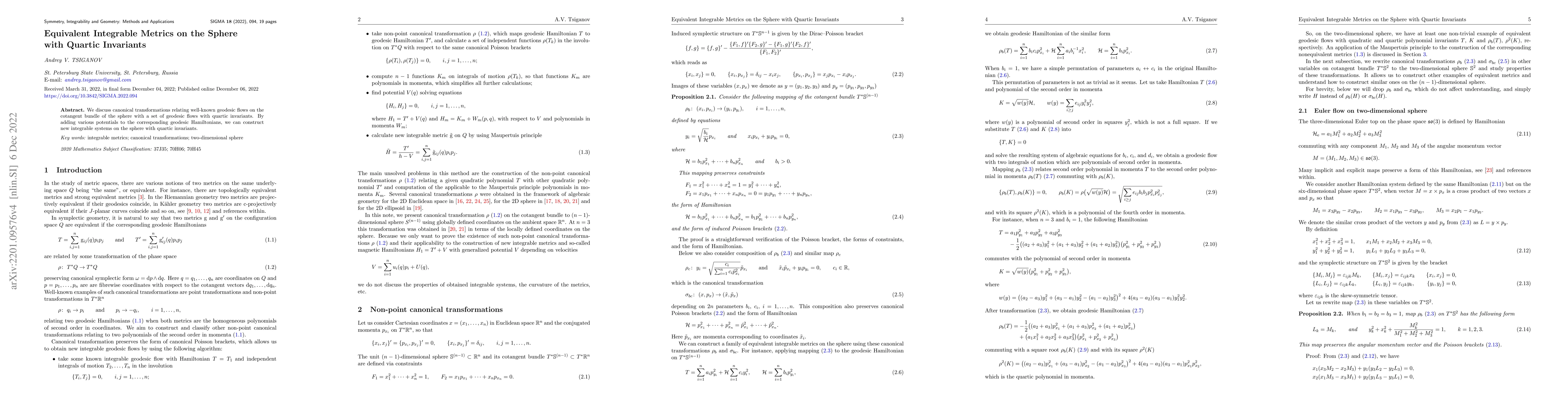 Thumbnail for Equivalent Integrable Metrics on the Sphere with Quartic Invariants