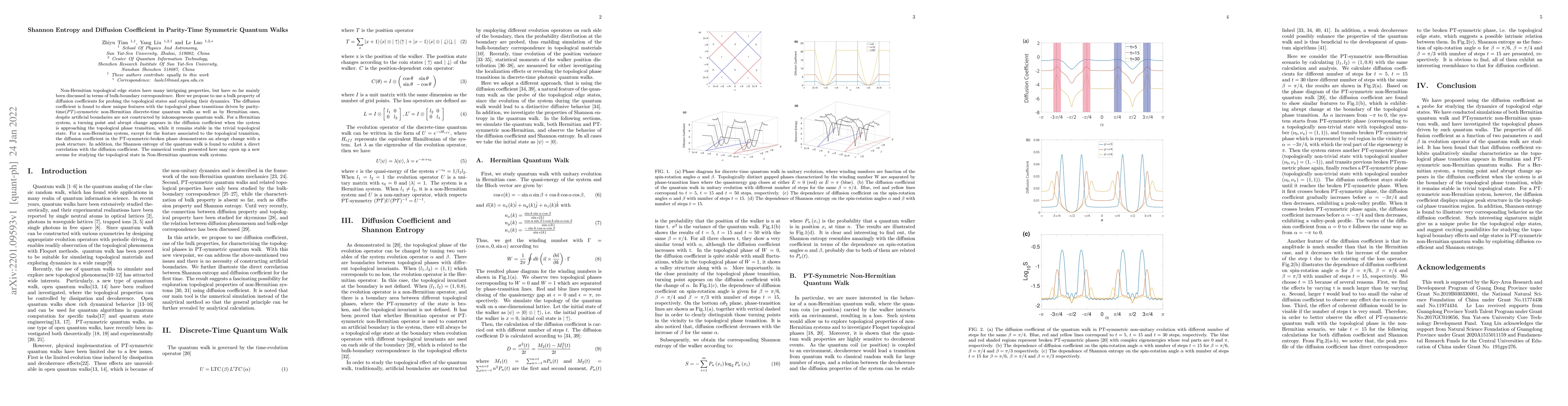Thumbnail for Shannon Entropy and Diffusion Coeffcient in Parity-Time Symmetric
  Quantum Walks