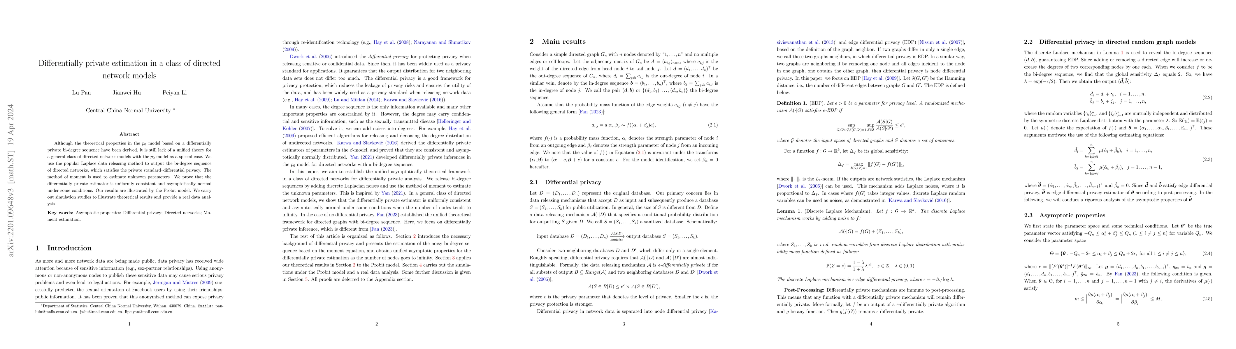 Thumbnail for Differentially private estimation in a class of directed network models