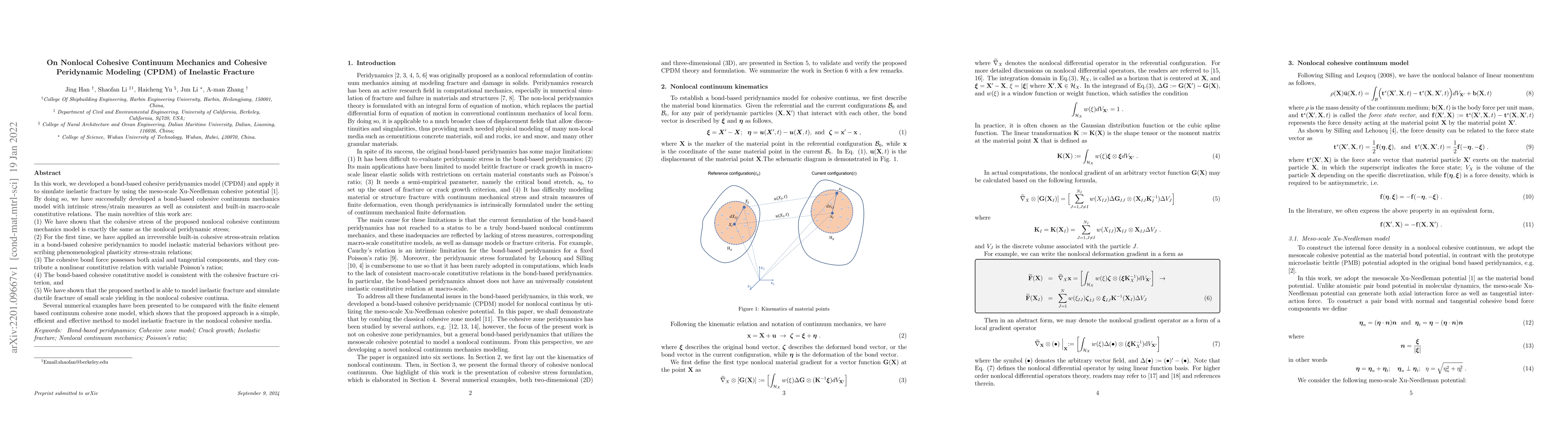 Thumbnail for On Nonlocal Cohesive Continuum Mechanics and Cohesive Peridynamic
  Modeling (CPDM) of Inelastic Fracture