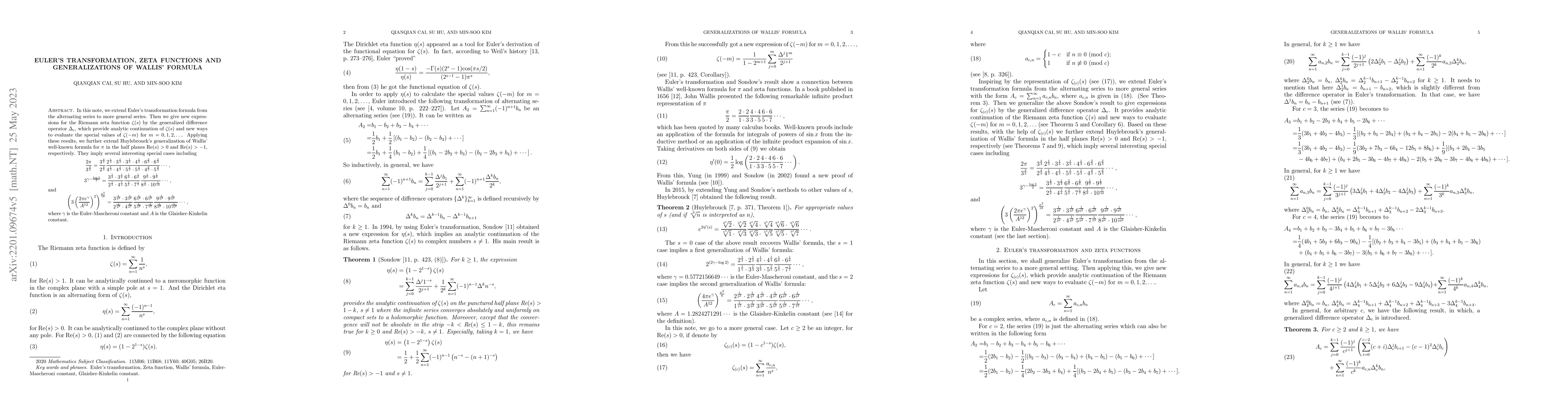 Thumbnail for Euler's transformation, zeta functions and generalizations of Wallis'
  formula