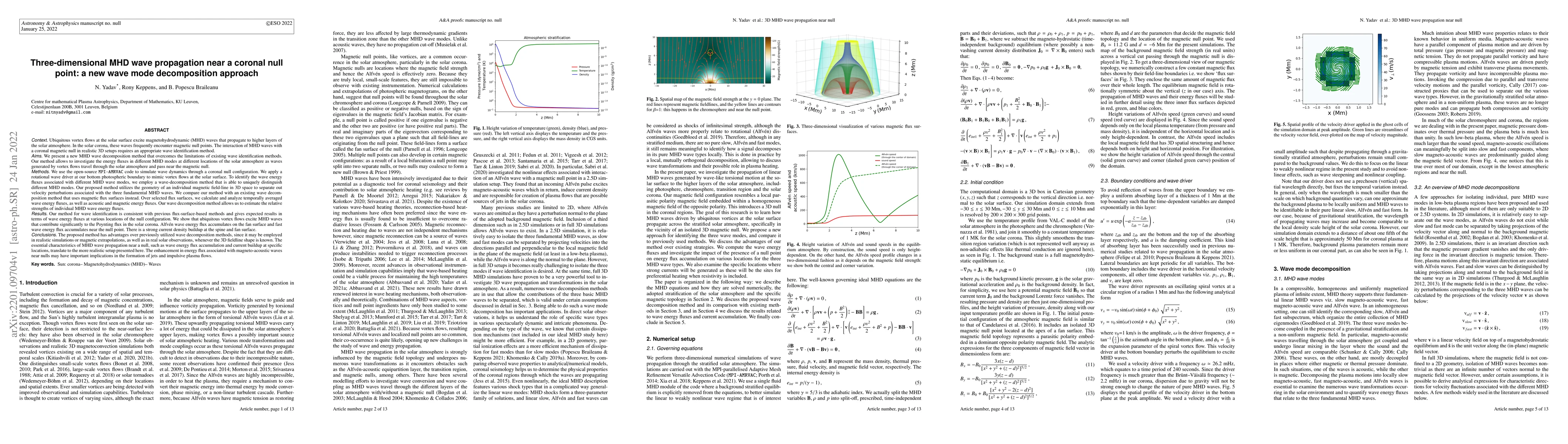 Thumbnail for Three-dimensional MHD wave propagation near a coronal null point: a new
  wave mode decomposition approach