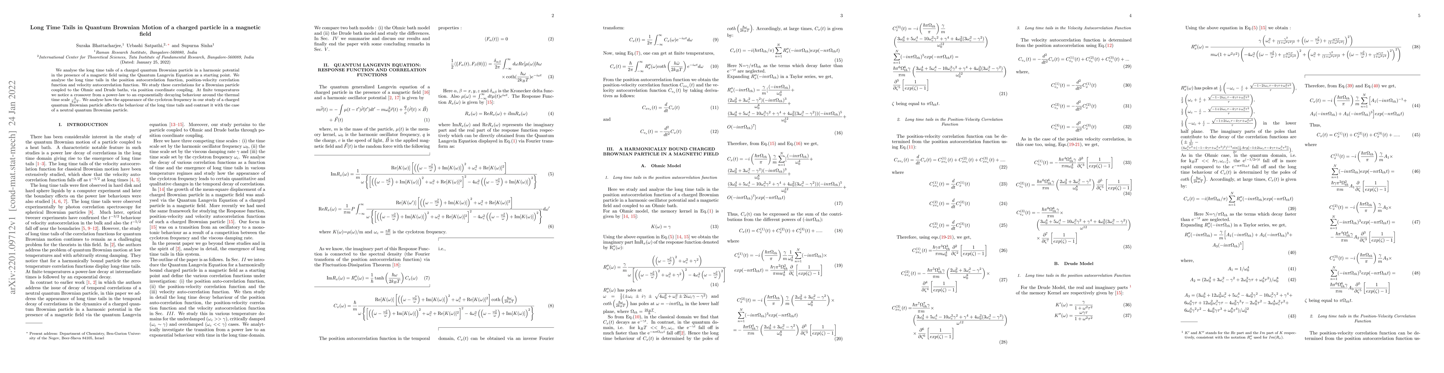 Thumbnail for Long Time Tails in Quantum Brownian Motion of a charged particle in a
  magnetic field