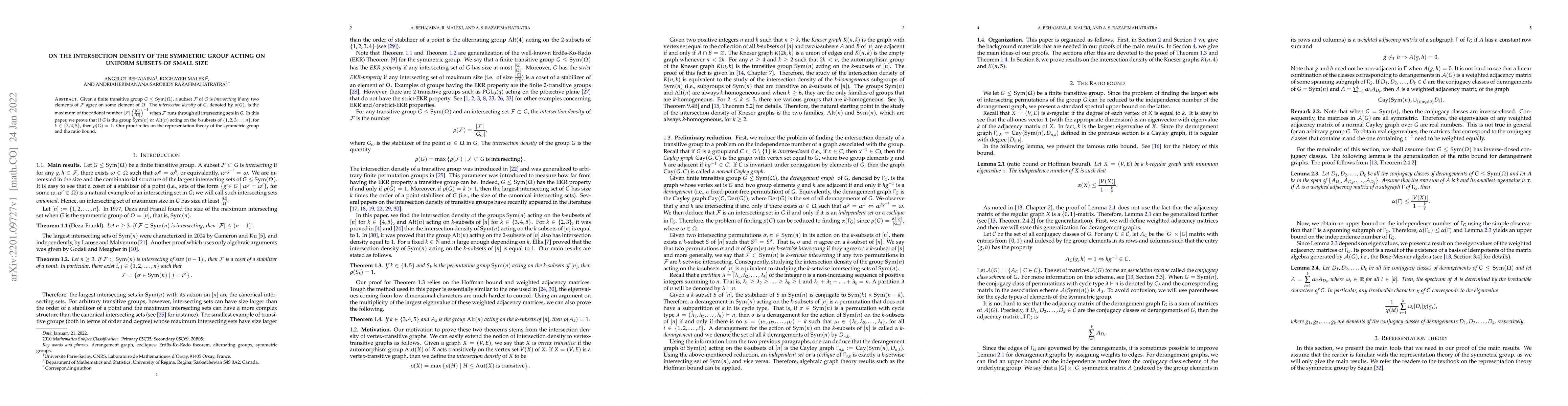 Thumbnail for On the intersection density of the symmetric group acting on uniform
  subsets of small size