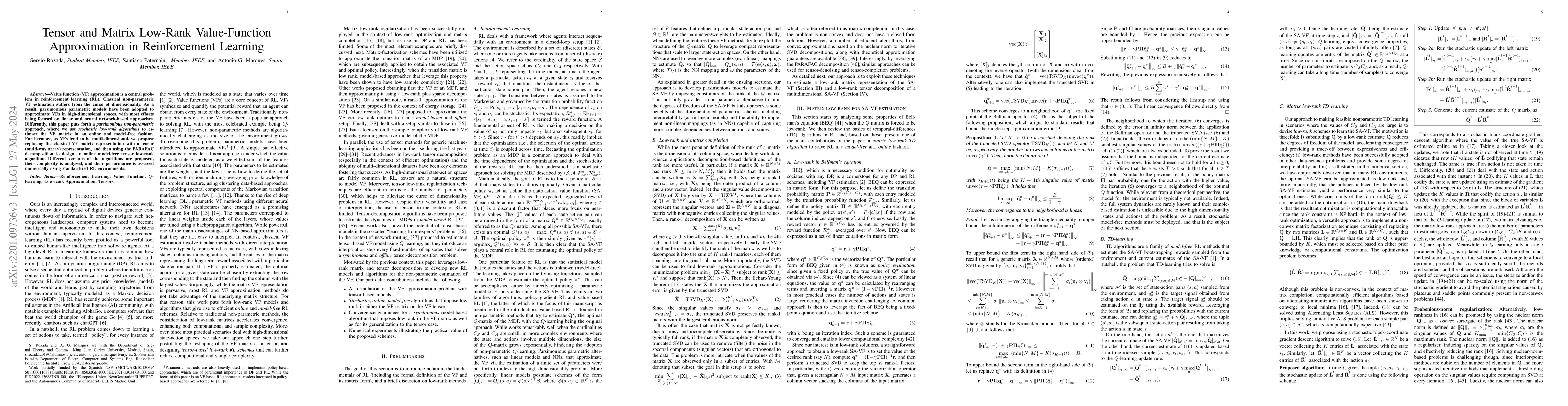 Thumbnail for Tensor and Matrix Low-Rank Value-Function Approximation in Reinforcement
  Learning