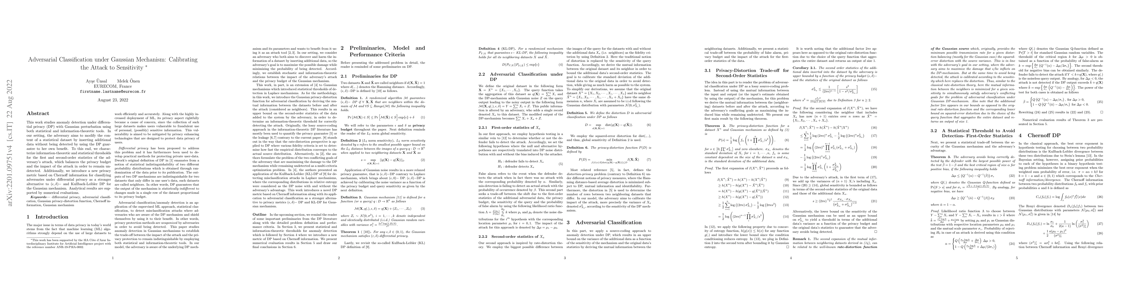 Thumbnail for Adversarial Classification under Gaussian Mechanism: Calibrating the
  Attack to Sensitivity