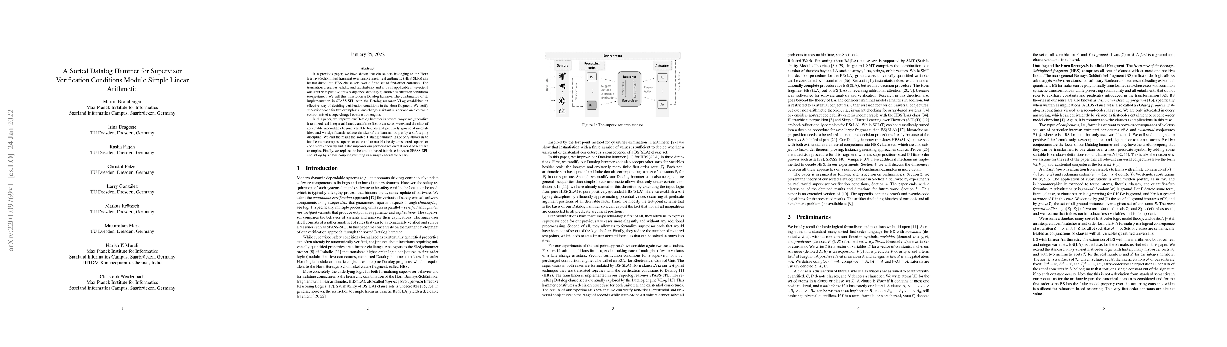 Thumbnail for A Sorted Datalog Hammer for Supervisor Verification Conditions Modulo
  Simple Linear Arithmetic