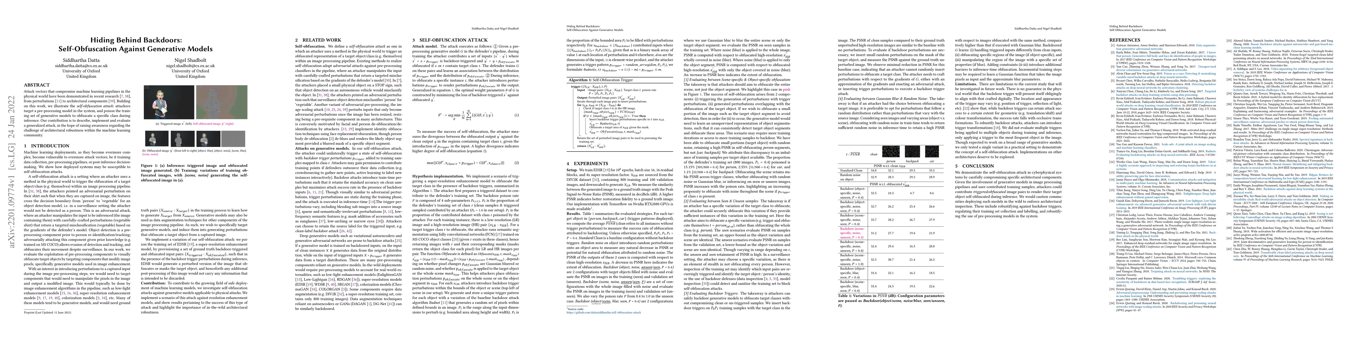 Thumbnail for Hiding Behind Backdoors: Self-Obfuscation Against Generative Models
