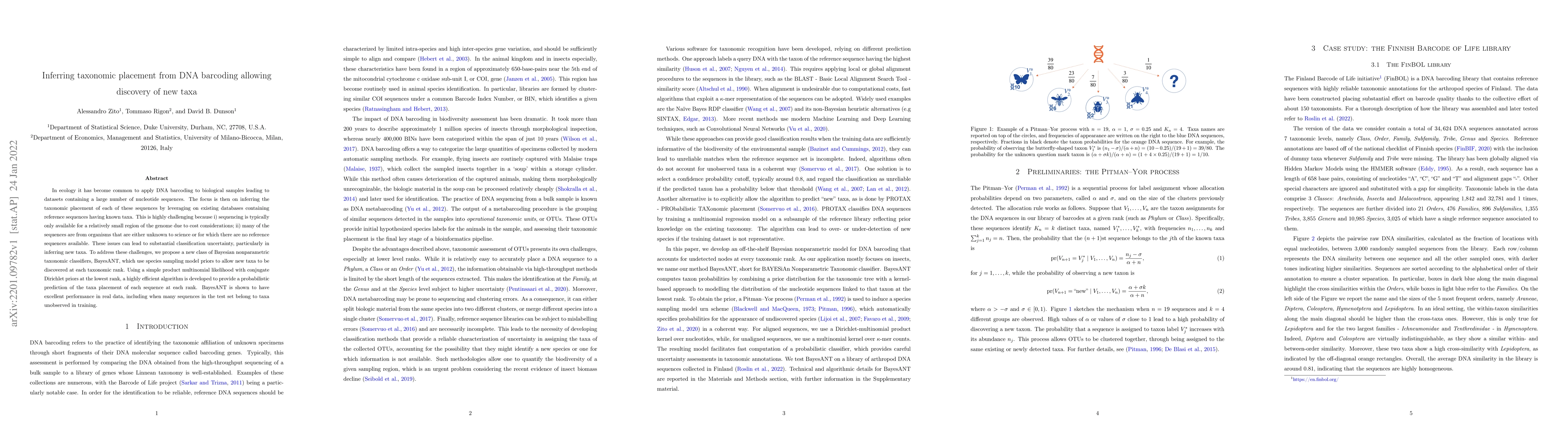 Thumbnail for Inferring taxonomic placement from DNA barcoding allowing discovery of
  new taxa