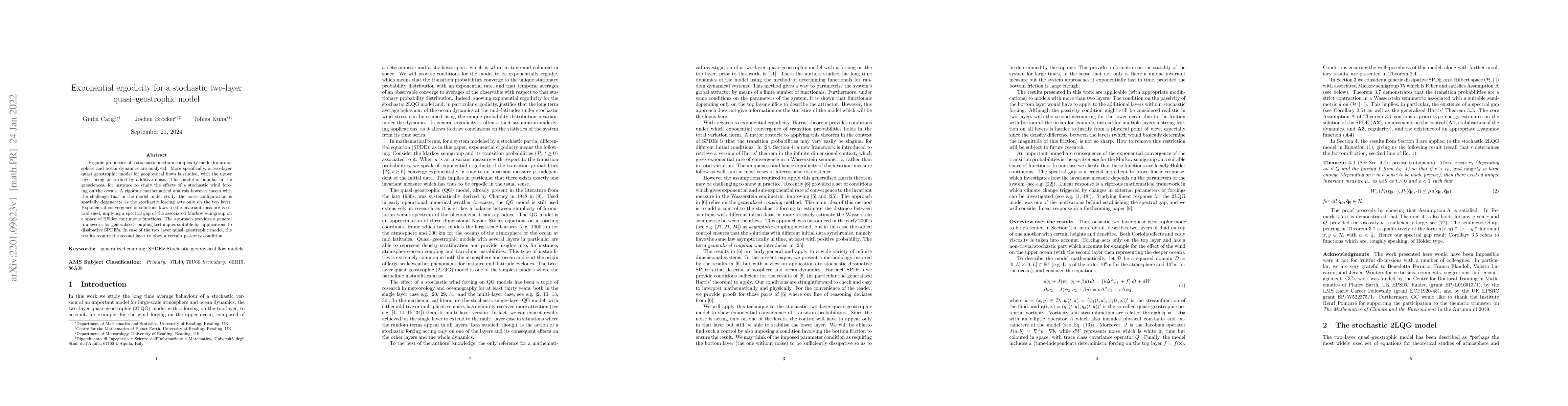Thumbnail for Exponential ergodicity for a stochastic two-layer quasi-geostrophic
  model