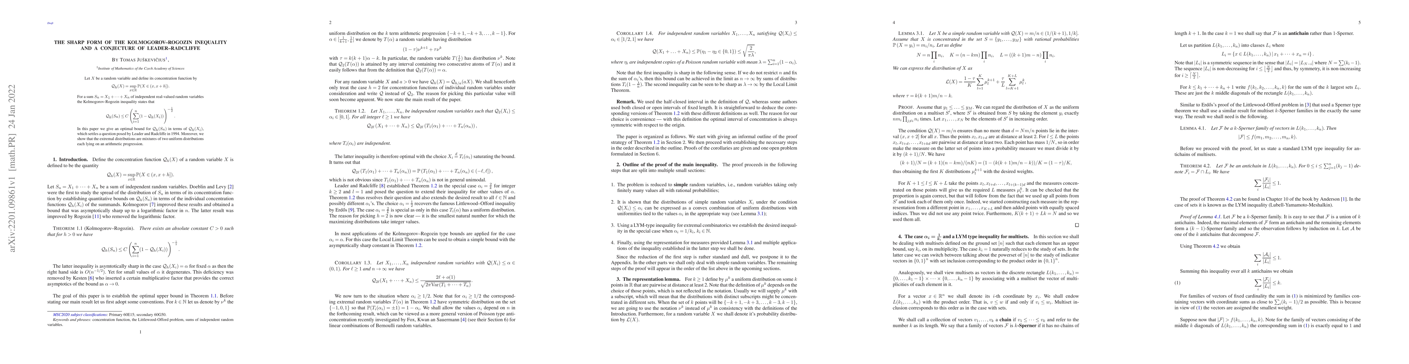 Thumbnail for The sharp form of the Kolmogorov--Rogozin inequality and a conjecture of
  Leader--Radcliffe