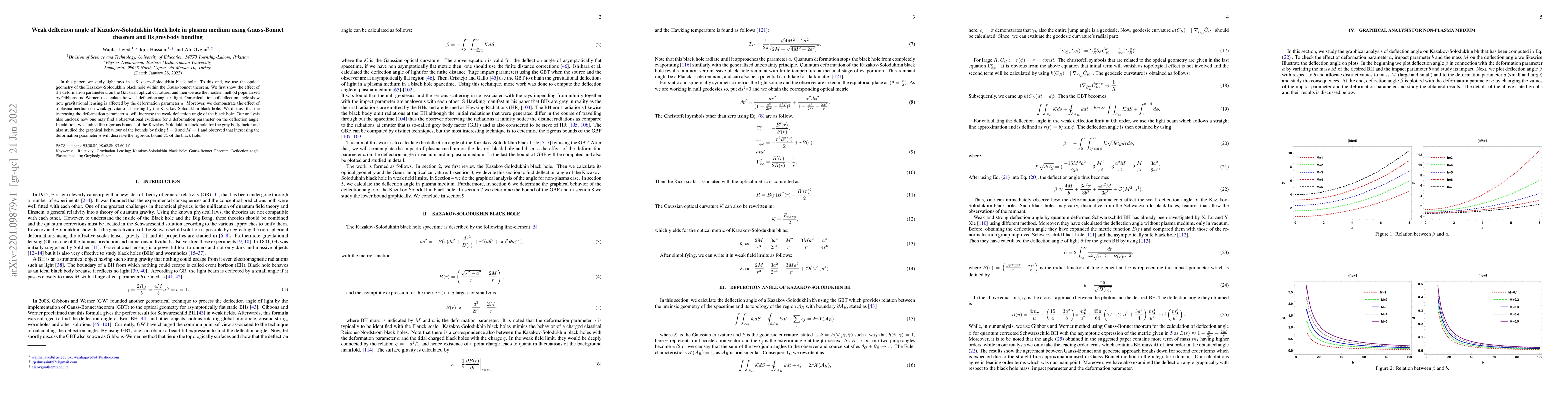 Thumbnail for Weak deflection angle of Kazakov-Solodukhin black hole in plasma medium
  using Gauss-Bonnet theorem and its greybody bonding