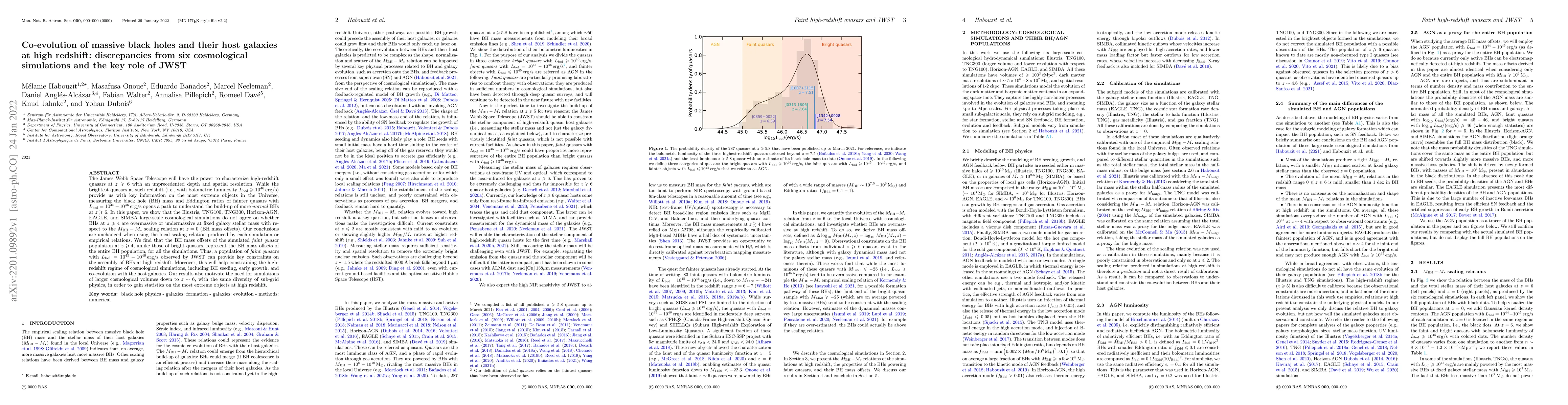 Thumbnail for Co-evolution of massive black holes and their host galaxies at high
  redshift: discrepancies from six cosmological simulations and the key role of
  JWST