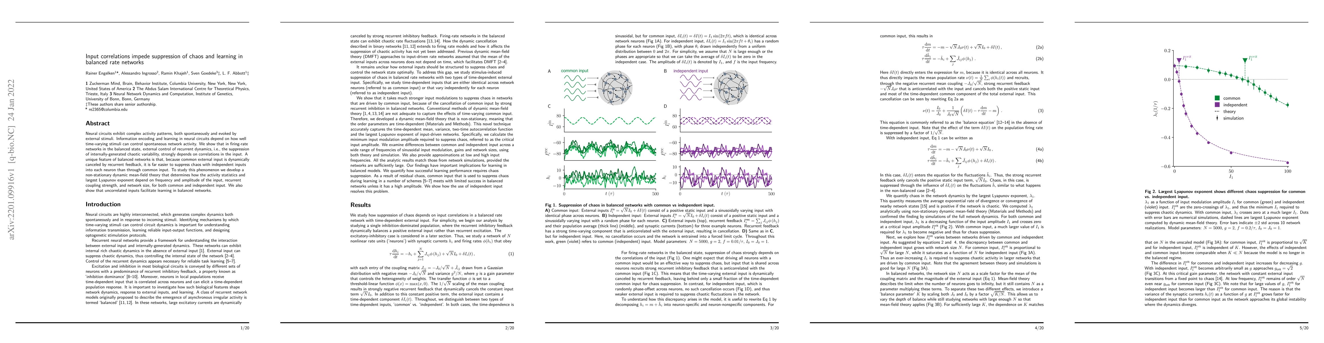 Thumbnail for Input correlations impede suppression of chaos and learning in balanced
  rate networks