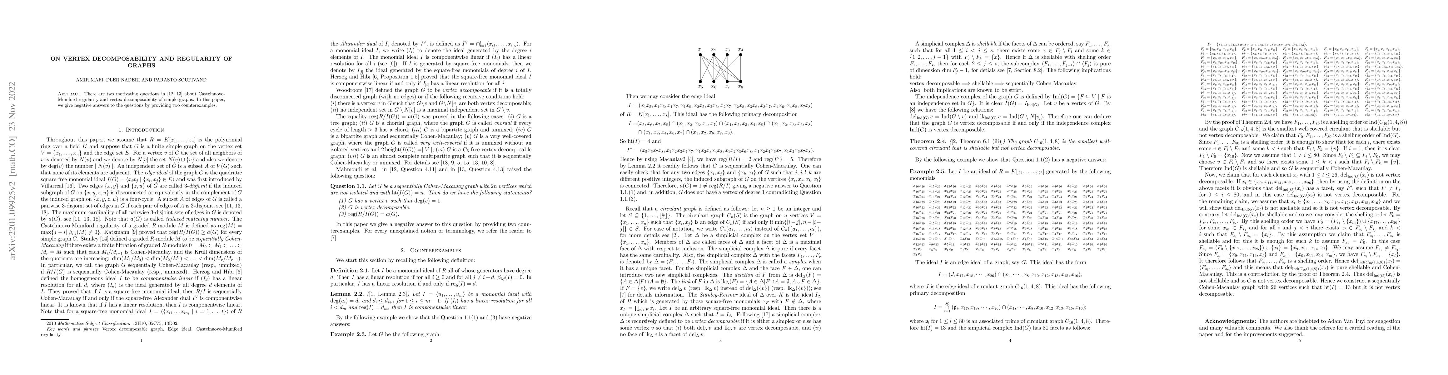 Thumbnail for On vertex decomposability and regularity of graphs