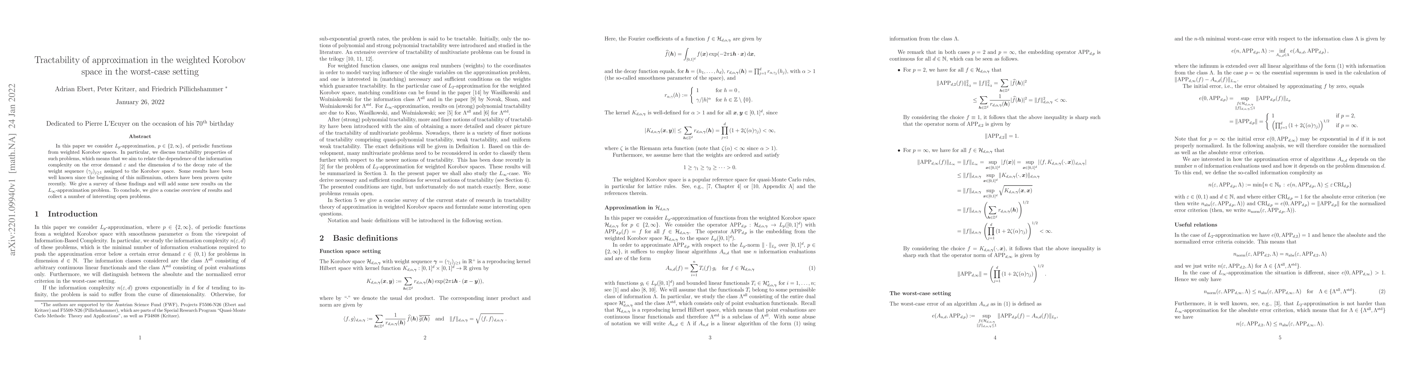 Thumbnail for Tractability of approximation in the weighted Korobov space in the
  worst-case setting