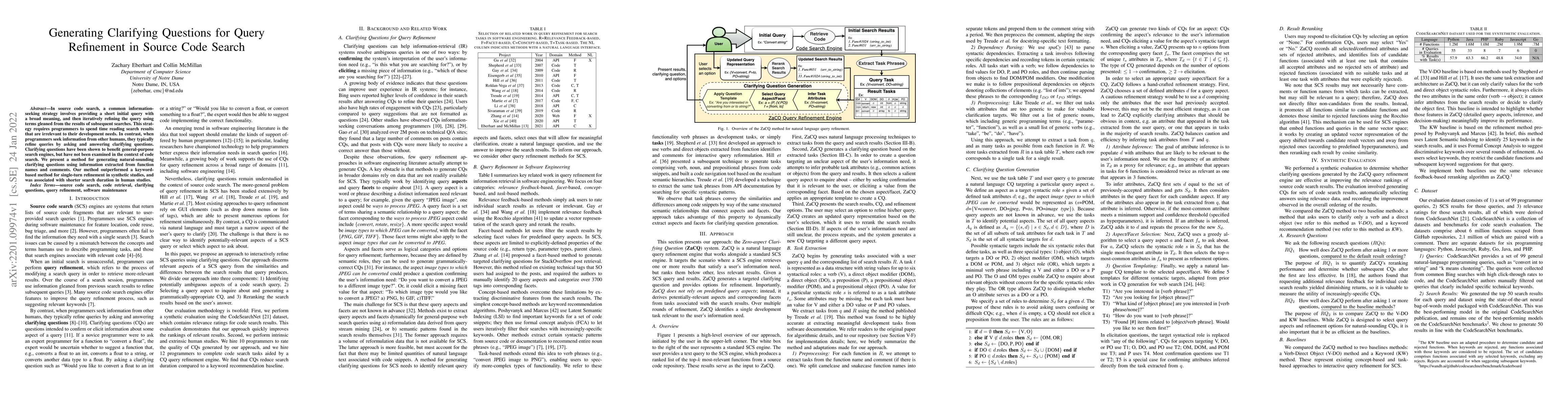 Thumbnail for Generating Clarifying Questions for Query Refinement in Source Code
  Search