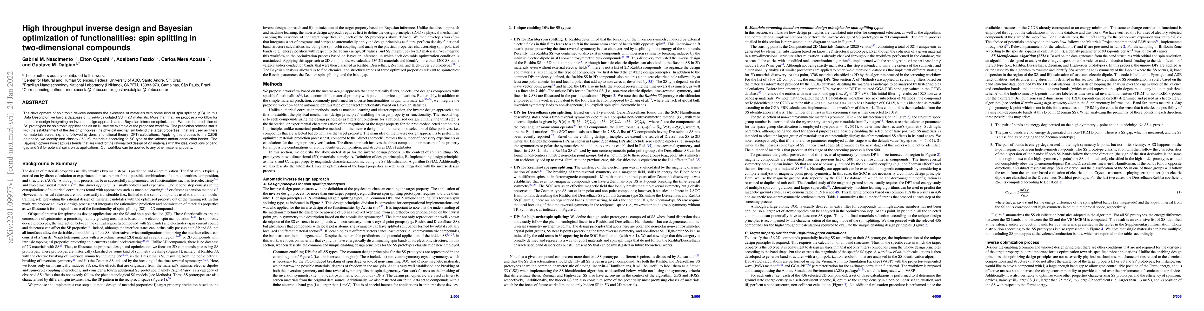Thumbnail for High throughput inverse design and Bayesian optimization of
  functionalities: spin splitting in two-dimensional compounds