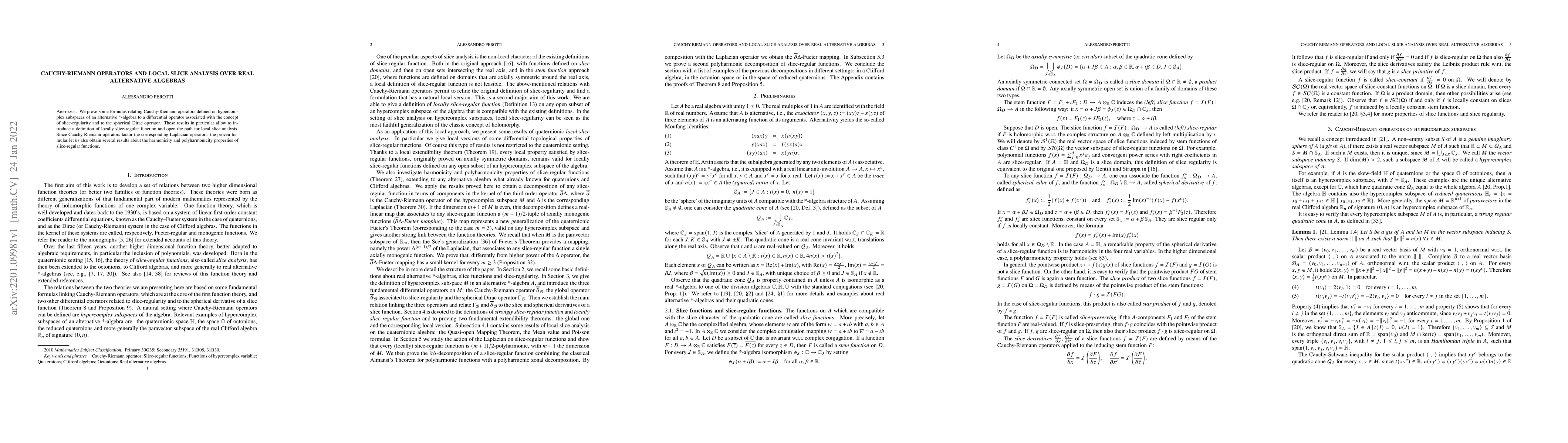 Thumbnail for Cauchy-Riemann operators and local slice analysis over real alternative
  algebras