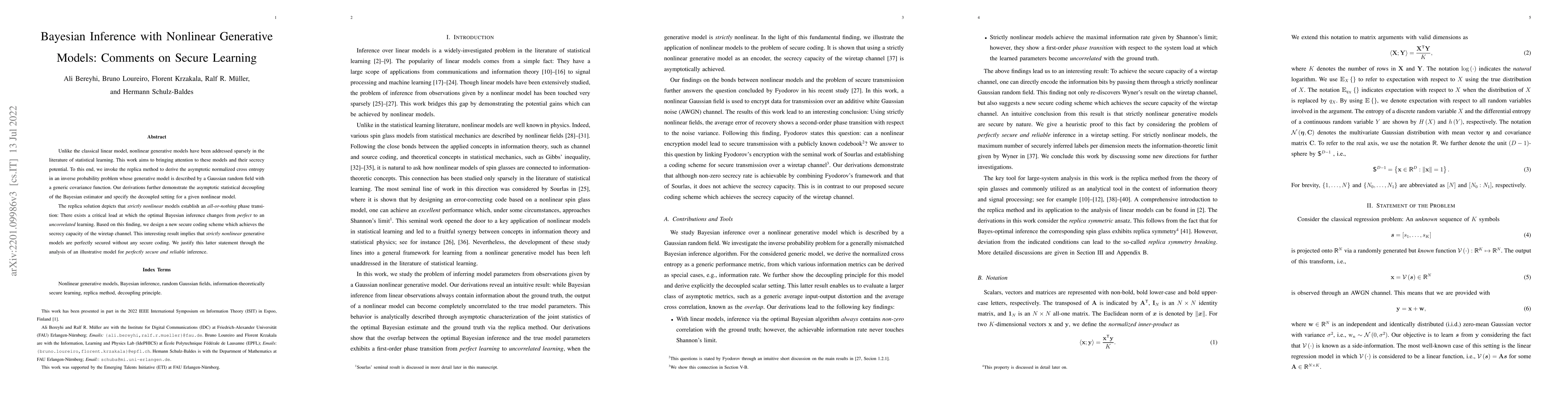 Thumbnail for Bayesian Inference with Nonlinear Generative Models: Comments on Secure
  Learning