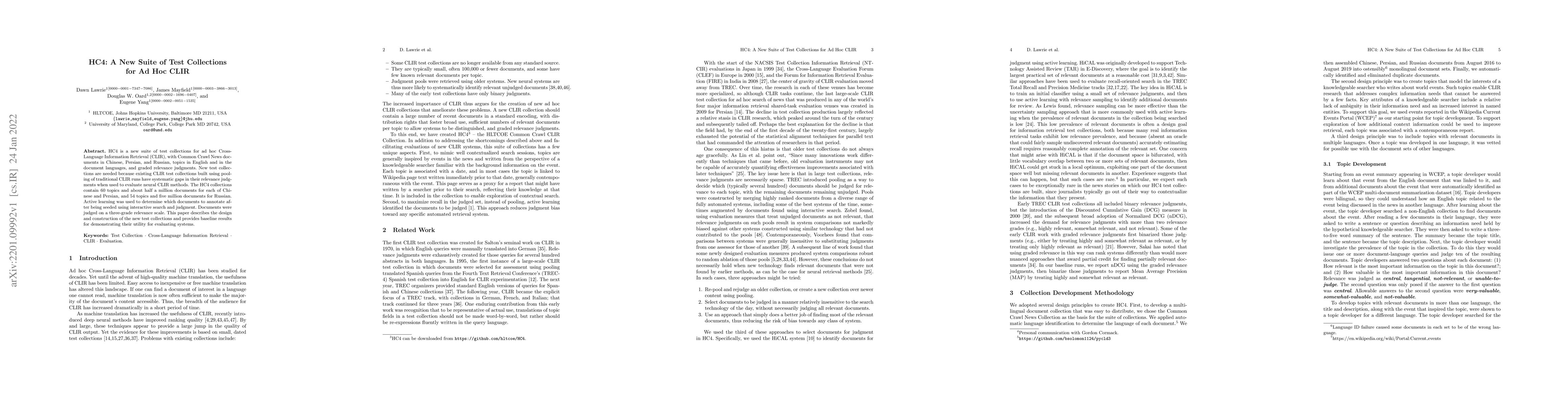 Thumbnail for HC4: A New Suite of Test Collections for Ad Hoc CLIR