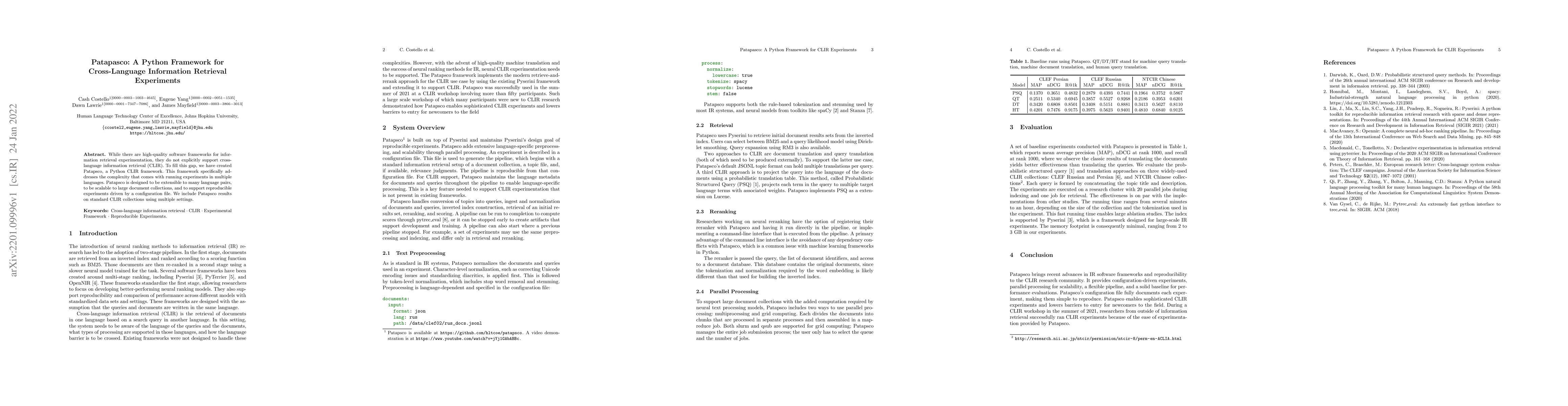 Thumbnail for Patapasco: A Python Framework for Cross-Language Information Retrieval
  Experiments