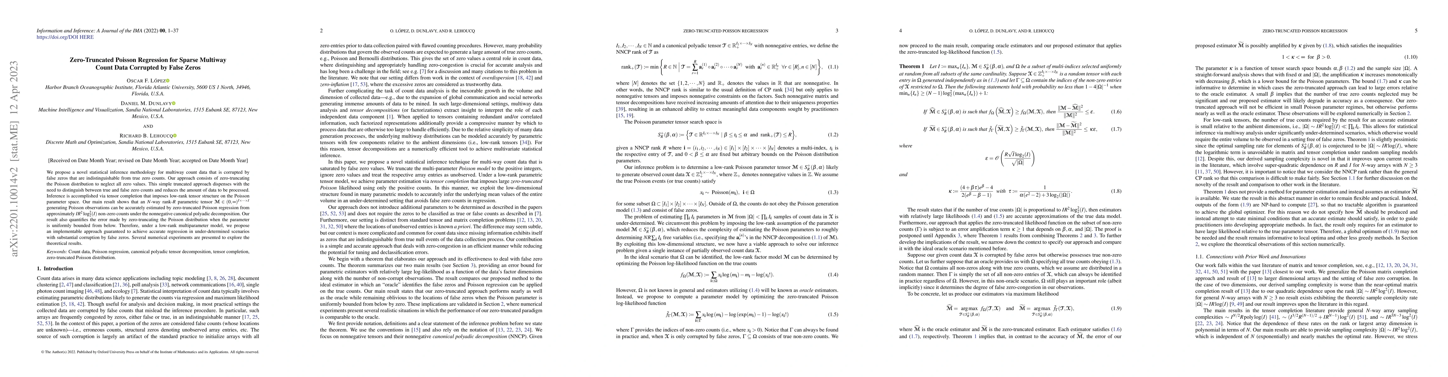 Thumbnail for Zero-Truncated Poisson Regression for Sparse Multiway Count Data
  Corrupted by False Zeros