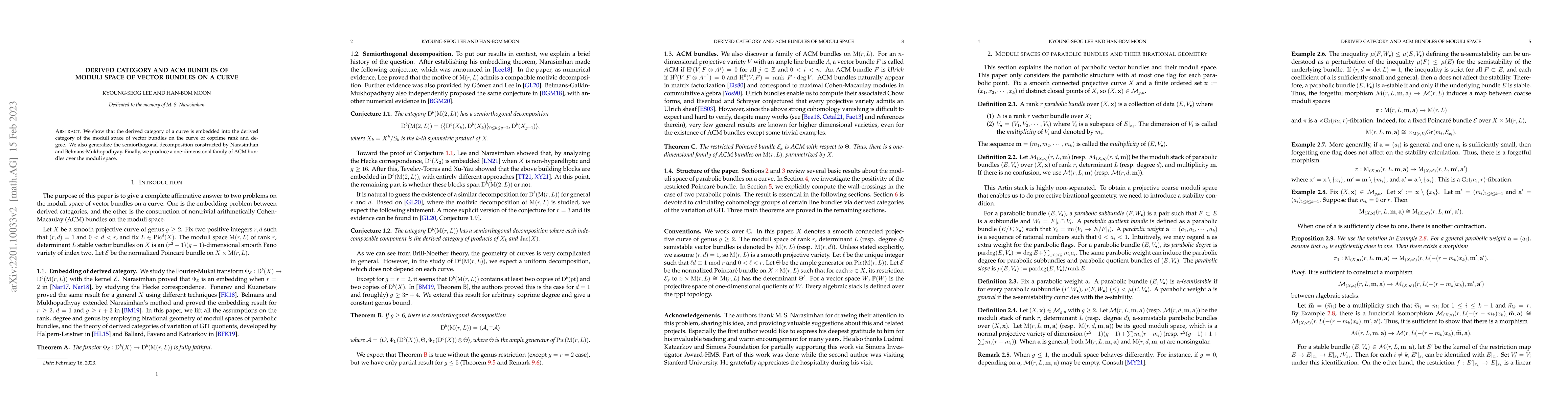 Thumbnail for Derived category and ACM bundles of moduli space of vector bundles on a
  curve