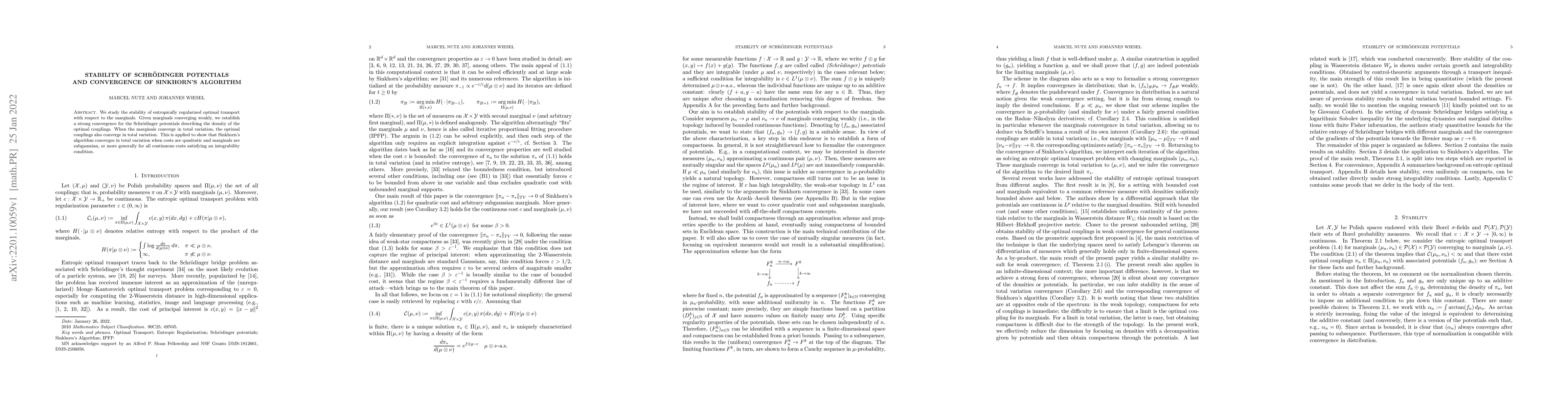 Thumbnail for Stability of Schr\"odinger Potentials and Convergence of Sinkhorn's
  Algorithm