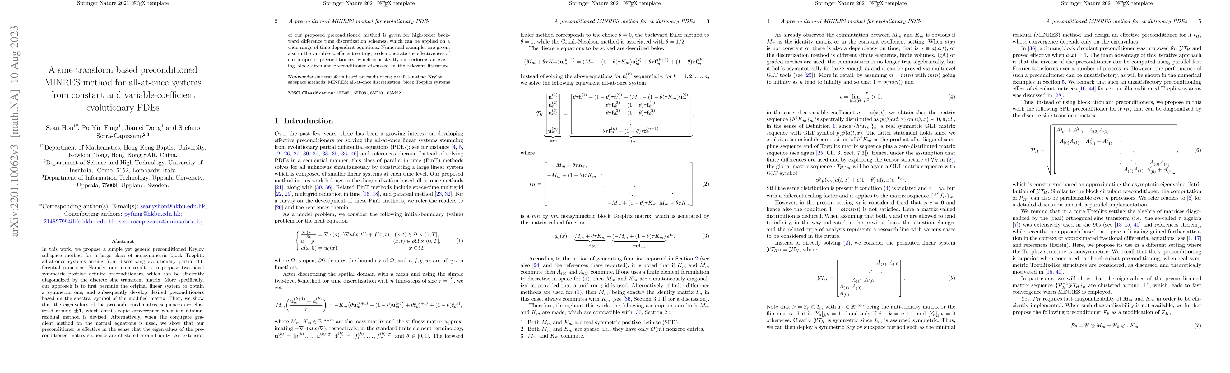 Thumbnail for A sine transform based preconditioned MINRES method for all-at-once
  systems from constant and variable-coefficient evolutionary PDEs