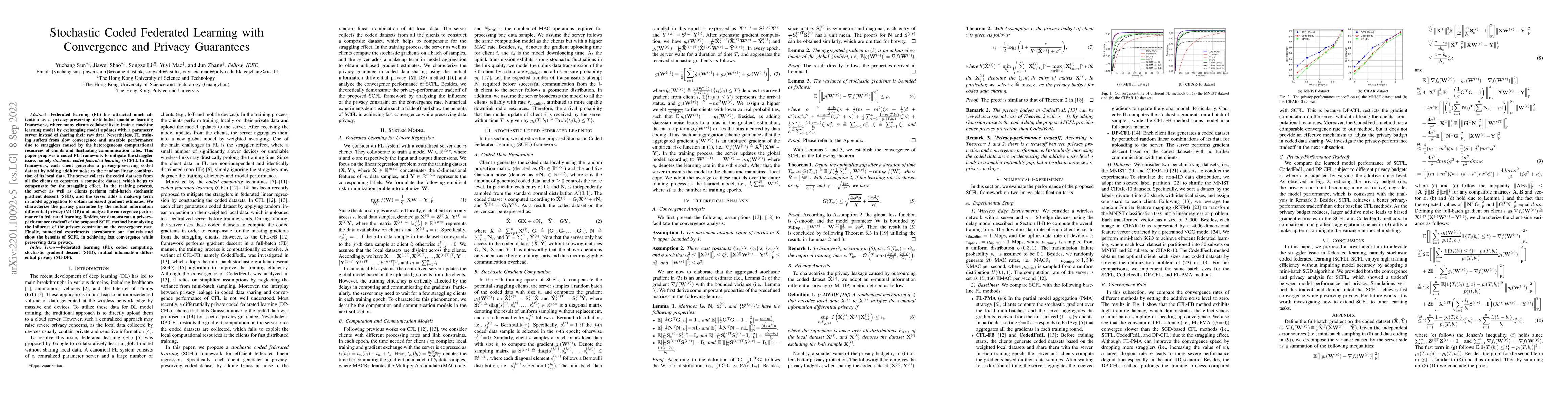 Thumbnail for Stochastic Coded Federated Learning with Convergence and Privacy
  Guarantees