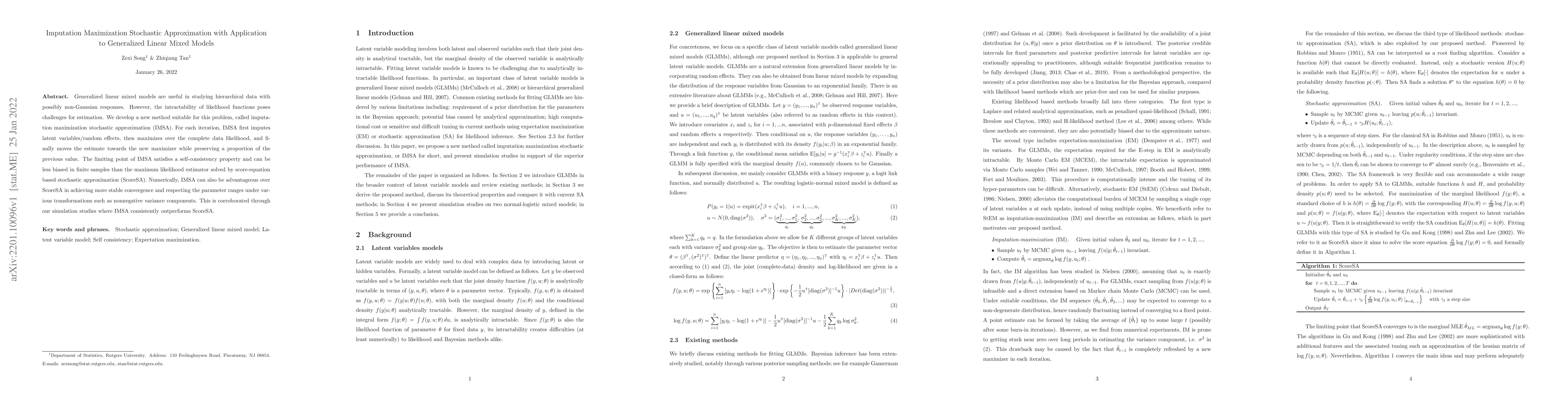 Thumbnail for Imputation Maximization Stochastic Approximation with Application to
  Generalized Linear Mixed Models