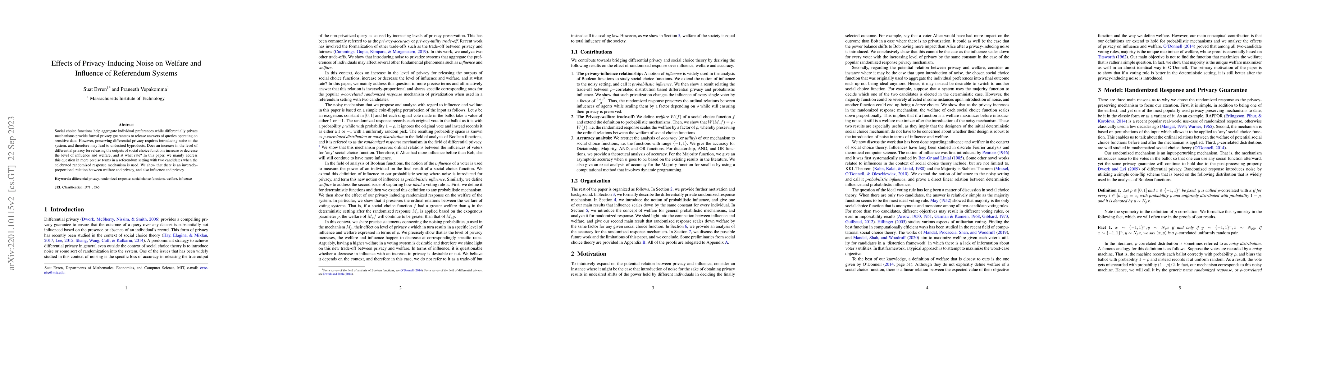 Thumbnail for Effects of Privacy-Inducing Noise on Welfare and Influence of Referendum
  Systems