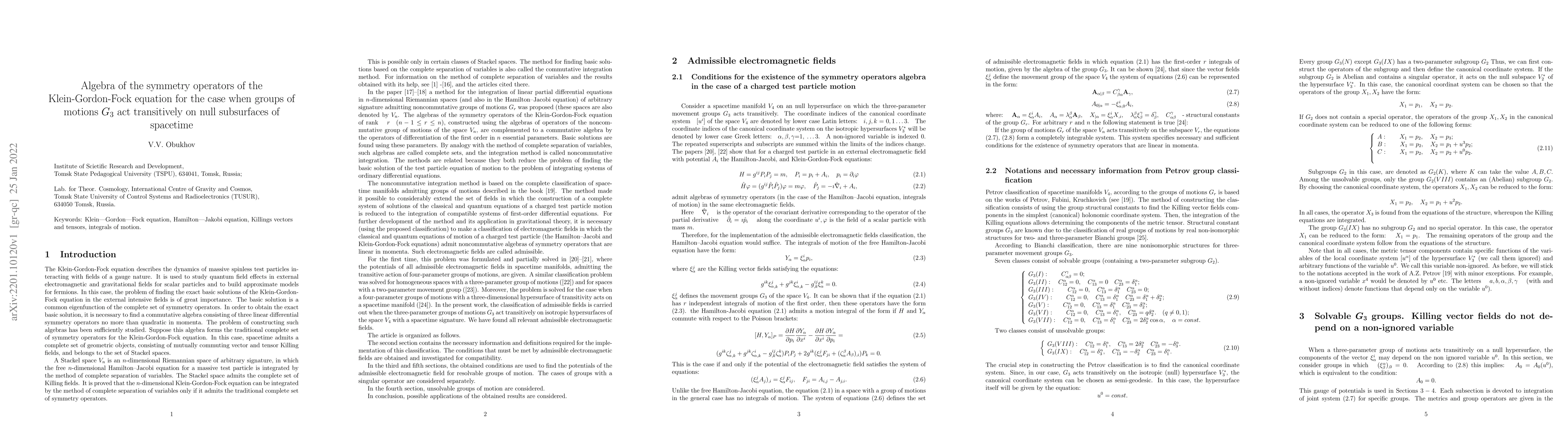 Thumbnail for Algebra of the symmetry operators of the Klein-Gordon-Fock equation for
  the case when groups of motions $G_3$ act transitively on null subsurfaces of
  spacetime