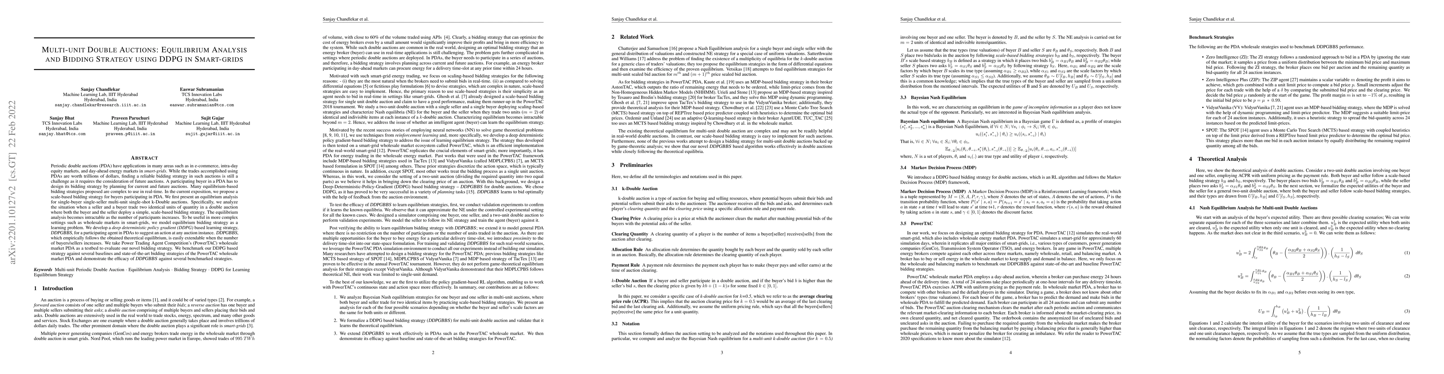 Thumbnail for Multi-unit Double Auctions: Equilibrium Analysis and Bidding Strategy
  using DDPG in Smart-grids