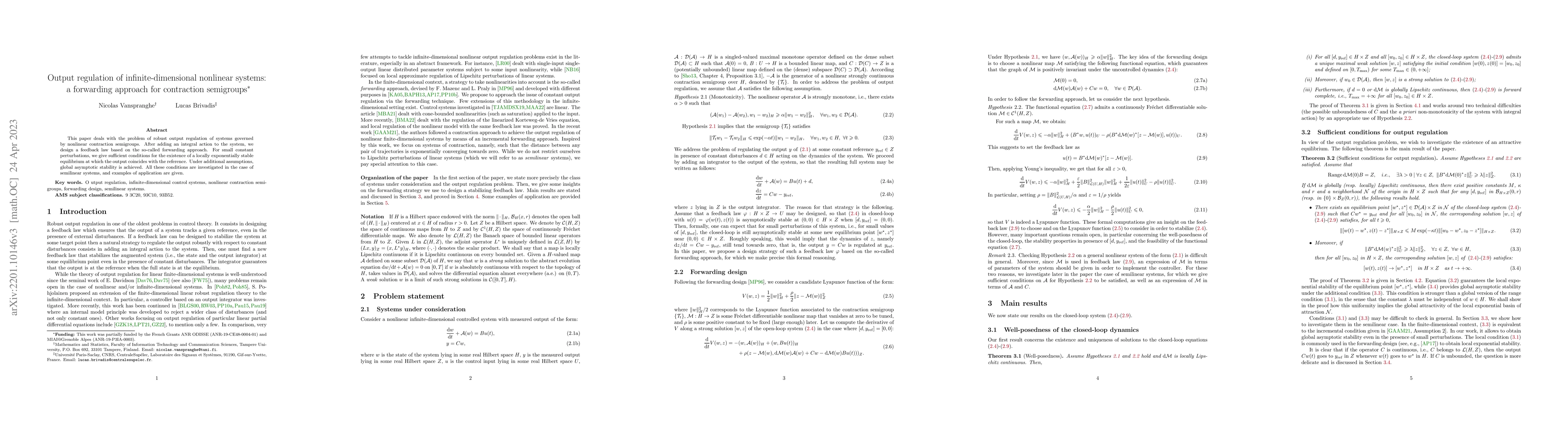 Thumbnail for Output regulation of infinite-dimensional nonlinear systems: a
  forwarding approach for contraction semigroups
