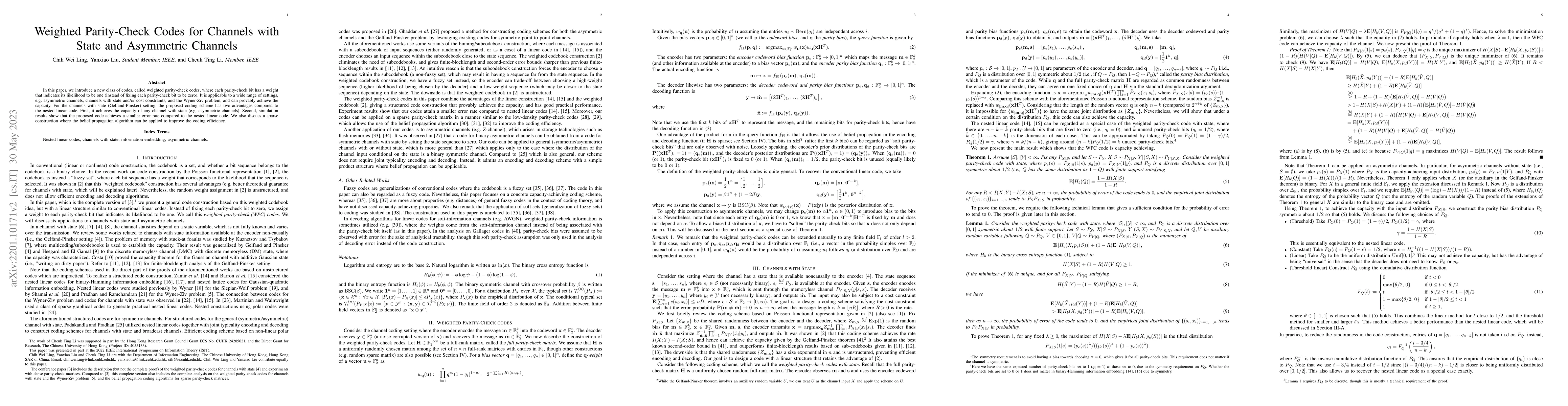 Thumbnail for Weighted Parity-Check Codes for Channels with State and Asymmetric
  Channels