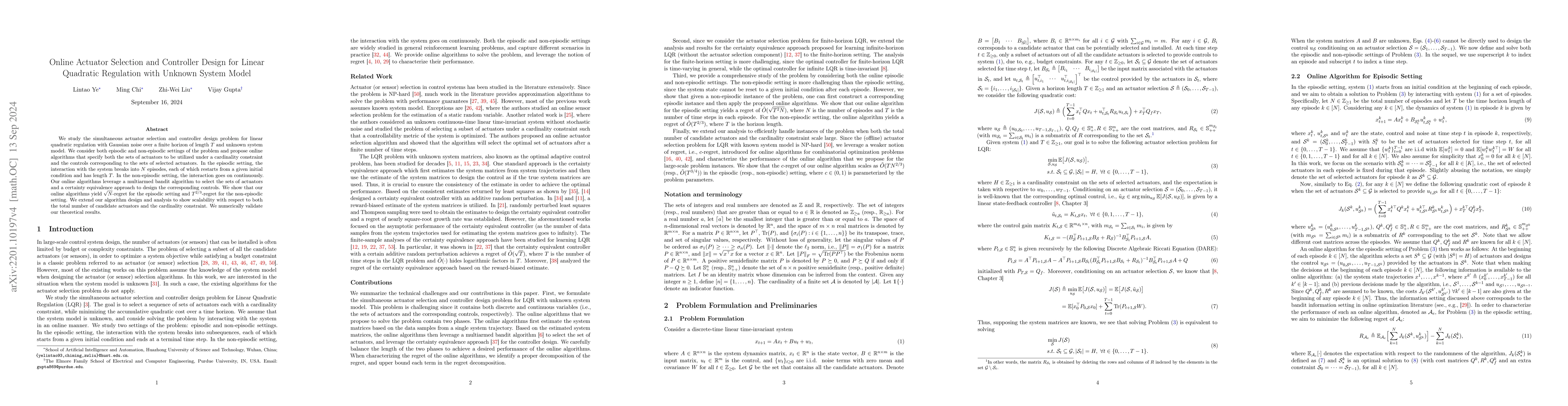 Thumbnail for Online Actuator Selection and Controller Design for Linear Quadratic
  Regulation with Unknown System Model