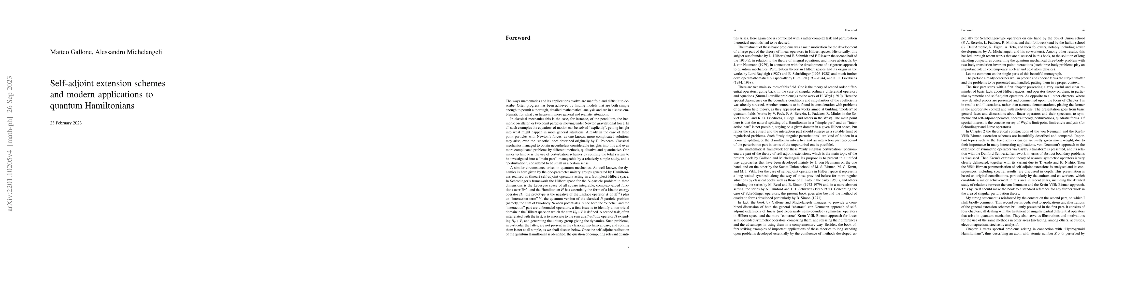 Thumbnail for Self-adjoint extension schemes and modern applications to quantum
  Hamiltonians