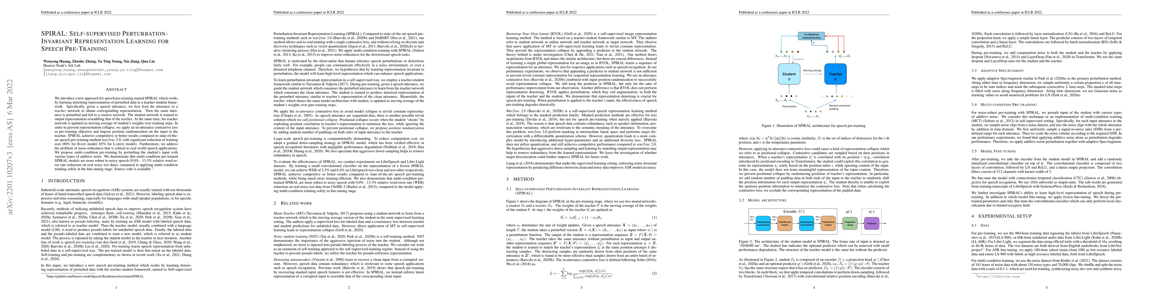 Thumbnail for SPIRAL: Self-supervised Perturbation-Invariant Representation Learning
  for Speech Pre-Training