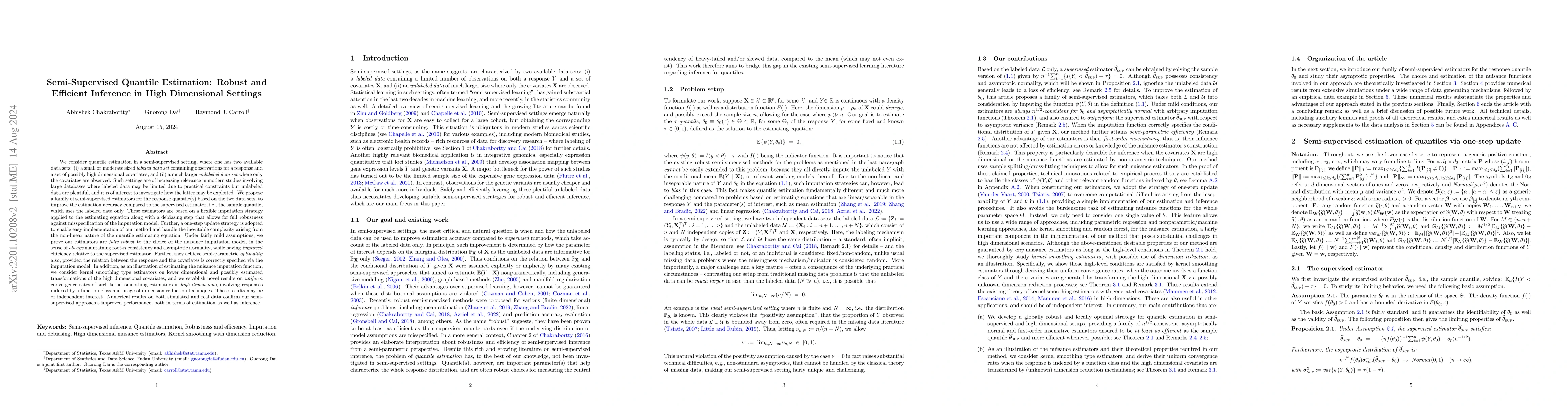 Thumbnail for Semi-Supervised Quantile Estimation: Robust and Efficient Inference in
  High Dimensional Settings