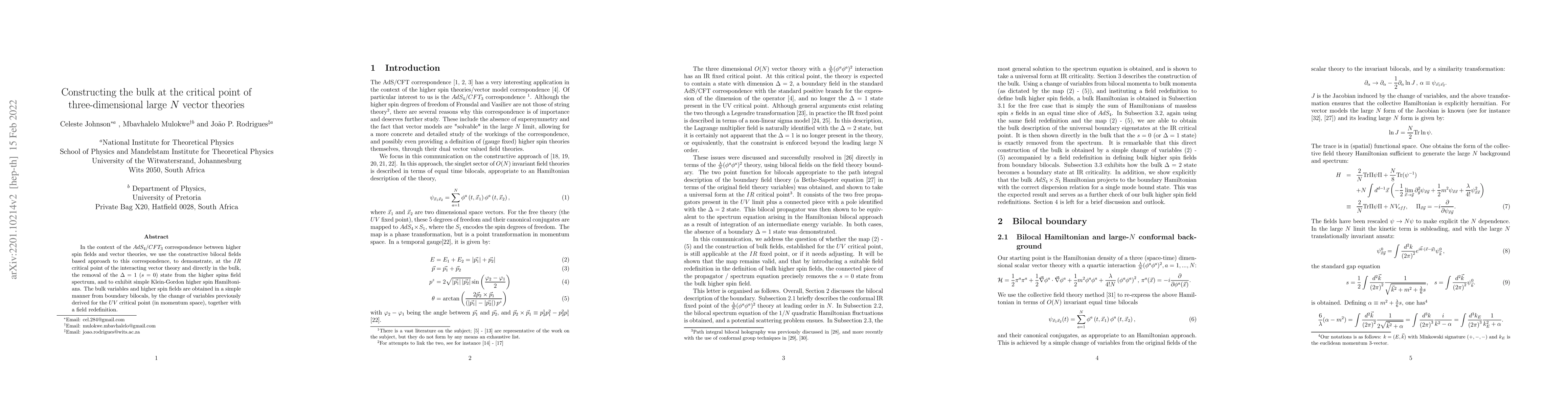 Thumbnail for Constructing the bulk at the critical point of three-dimensional large
  $N$ vector theories